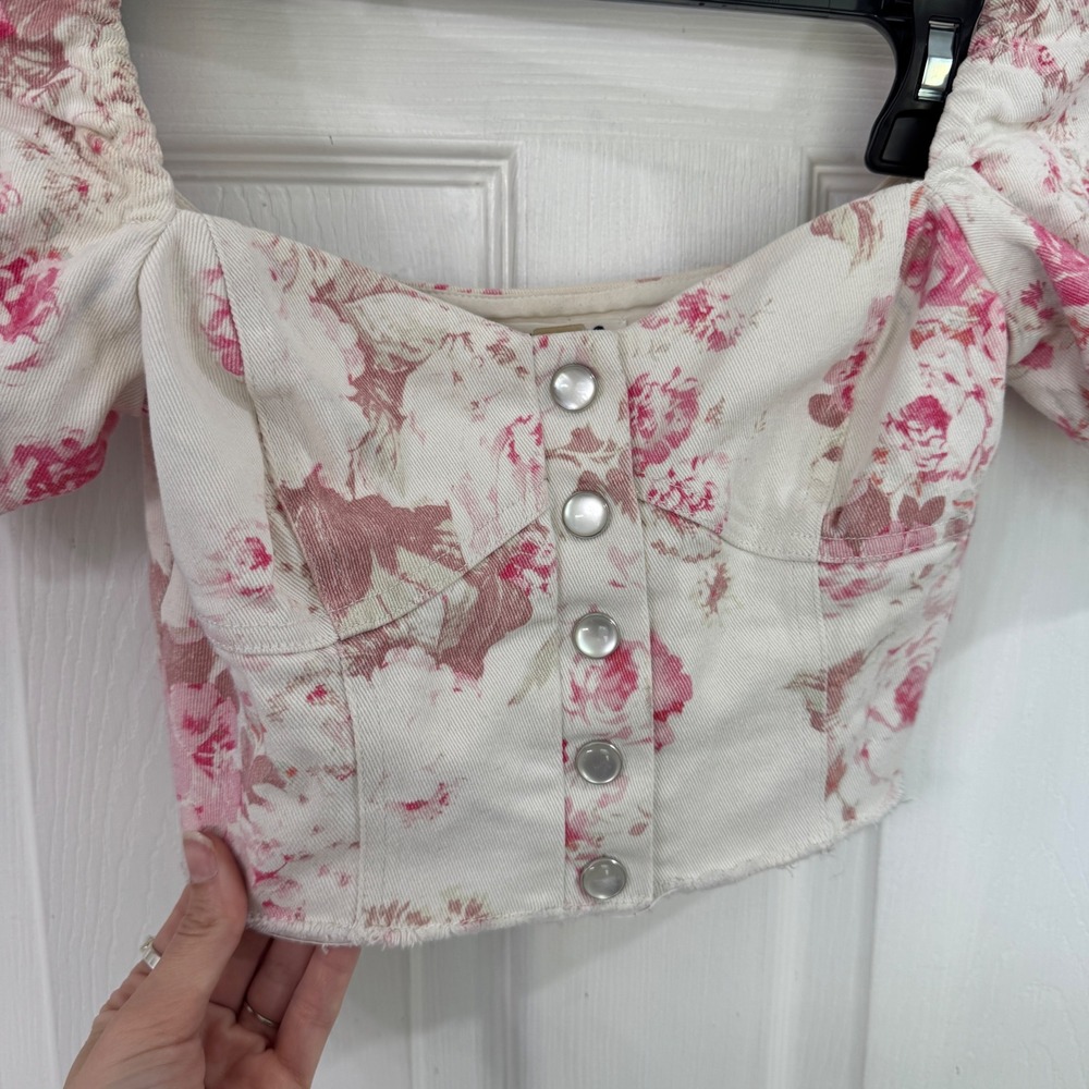 For Love & Lemons Pink Floral Corduroy Puff Sleeve Crop Top XS - Picture 4 of 10